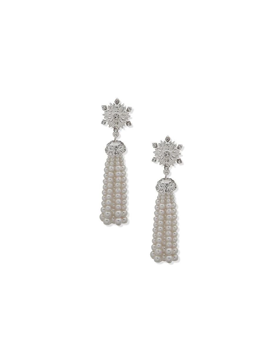 Anne Klein Snowflake Linear Pierced Earring with Faux Pearl Tassel Pierced Earrings Silver | ZUSNQ50102