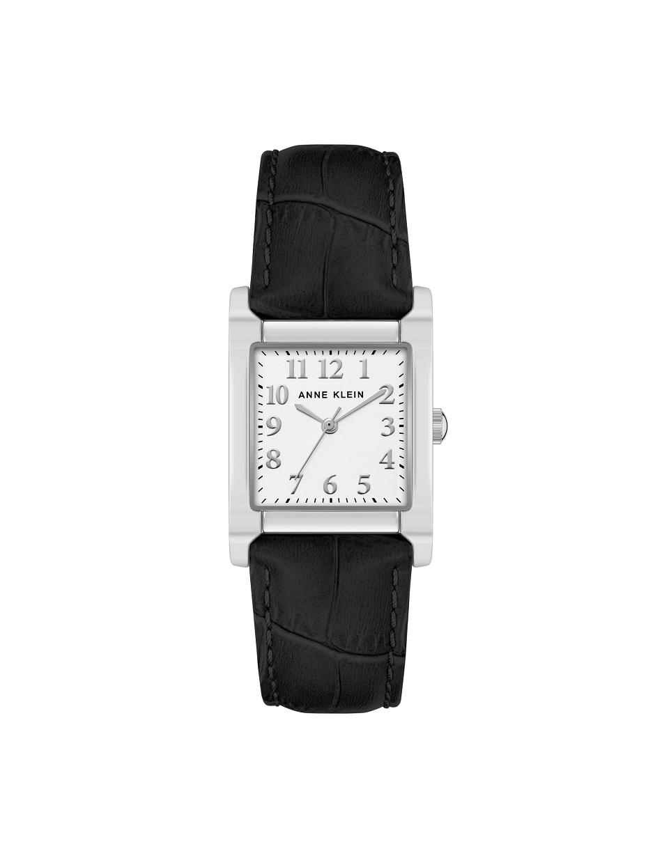 Anne Klein Square Case Leather Strap Watch Metals Black / Silver | USNZX18124