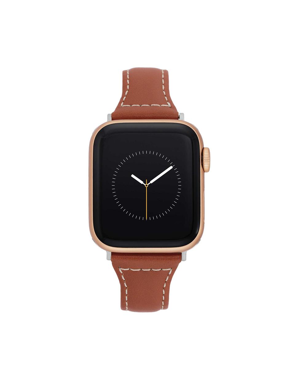 Anne Klein Stitched Leather Band Apple Watch Accessories Brown / Silver | USEAH17759