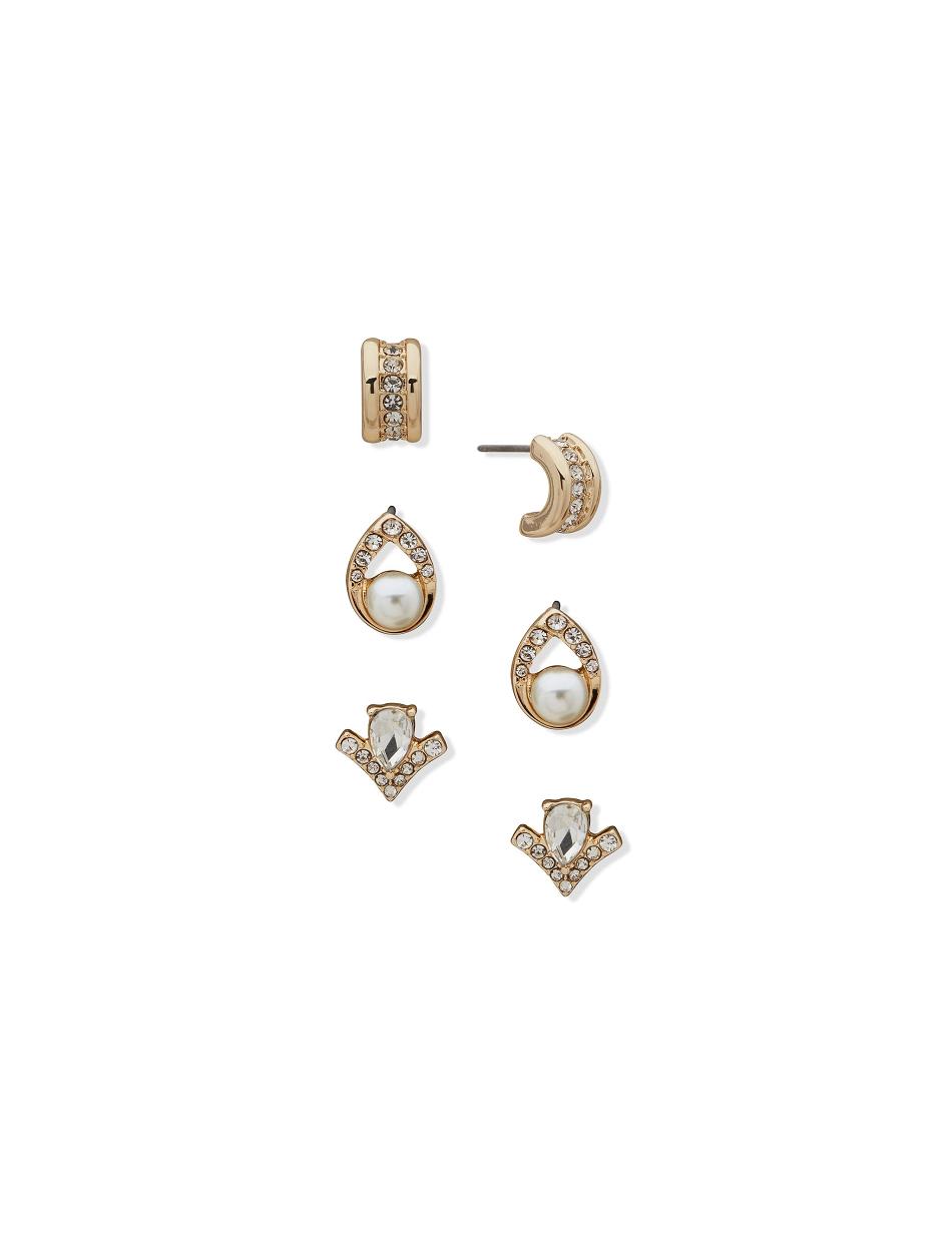 Anne Klein Stud Button and C Hoop Pierced Earring Trio in Gift Box Jewelry Sets Gold | TUSWZ93139