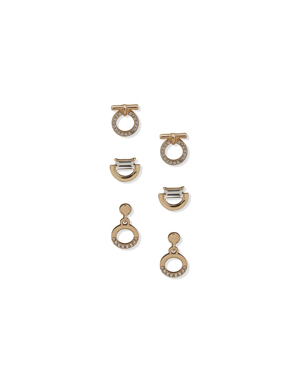 Anne Klein Stud Drop and Circle Pave Pierced Earring Trio in Gift Box Jewelry Sets Gold | SUSNY79680