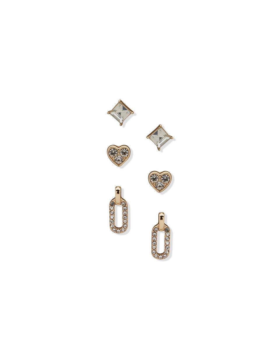 Anne Klein Stud Heart and Link Drop Pierced Earring Trio in Gift Box Jewelry Sets Gold | AUSWC22967