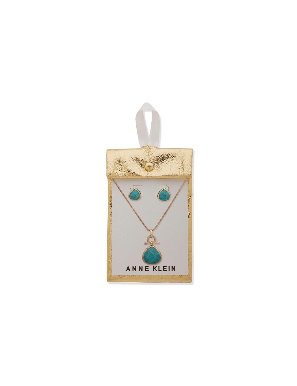 Anne Klein Tear Drop Pendant Necklace and Earring in Pouch Jewelry Sets Gold / Blue | BUSSD94796