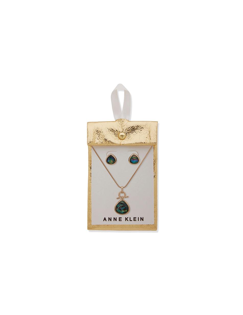 Anne Klein Tear Drop Pendant Necklace and Earring in Pouch Jewelry Sets Gold / Green | USEAH92415