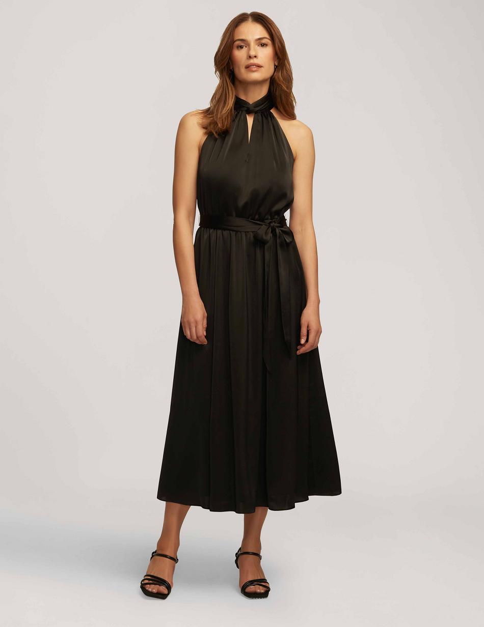 Anne Klein Twist Neck Halter Midi Dresses Black | XUSBH59298