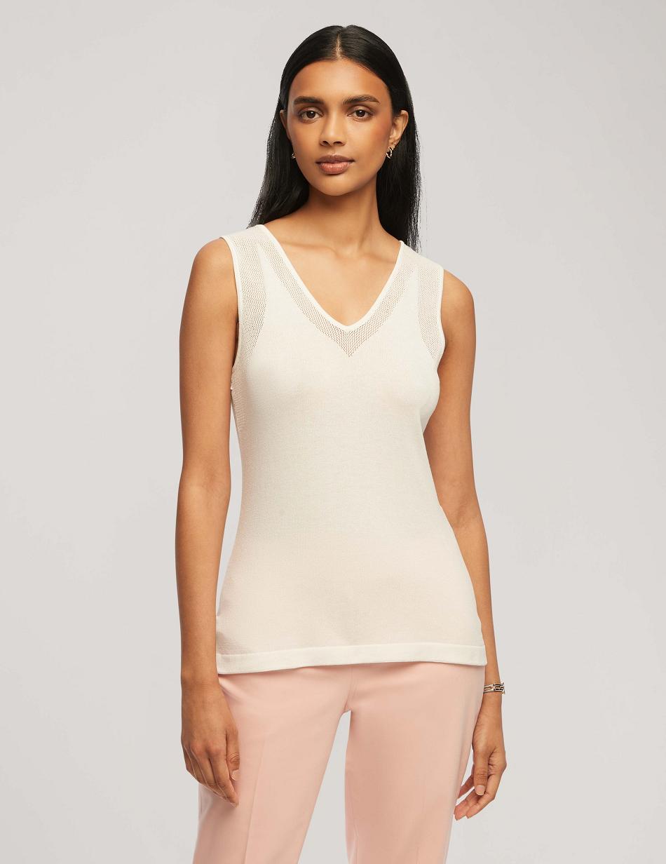 Anne Klein V Neck Mesh Tank Top Tops White | USQAV45609