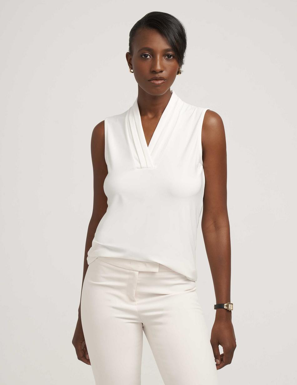 Anne Klein V-Neck Triple Pleat Top Petite White | USEAH88151