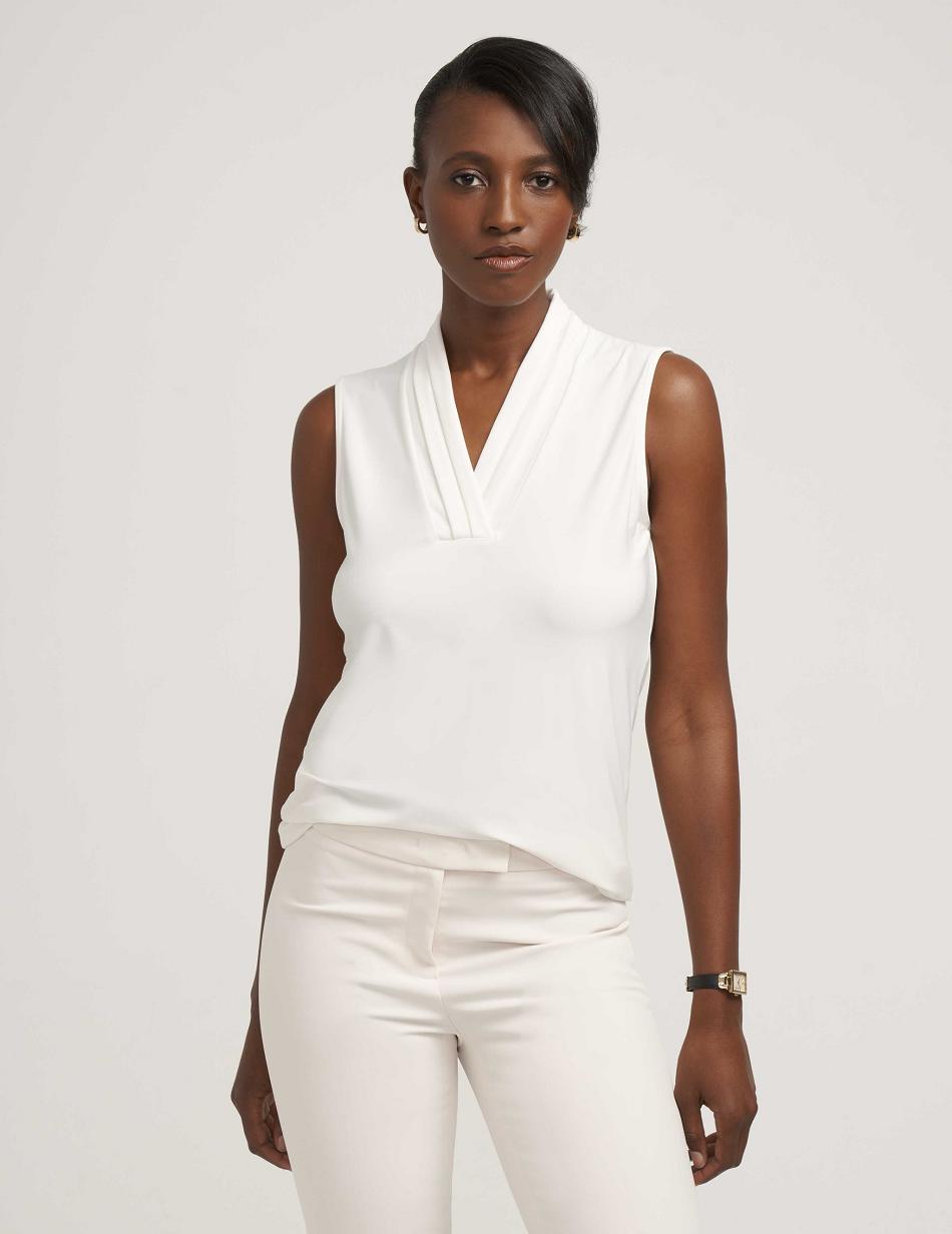 Anne Klein V-Neck Triple Pleat Top Tops White | USEGJ21054