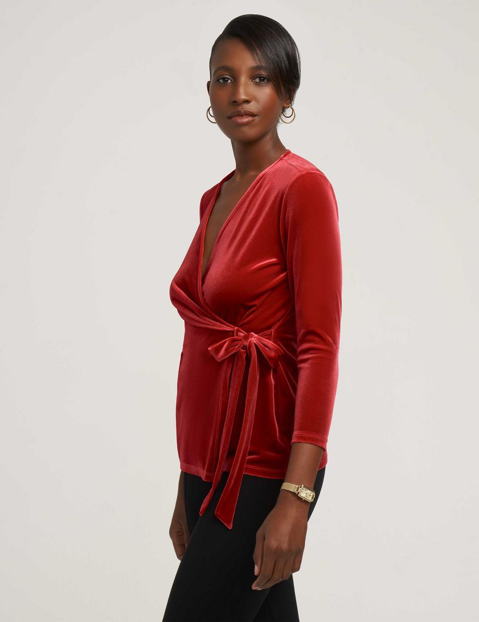 Anne Klein Velour Three-Quarter Sleeve Wrap Top- Clearance Tops Red | UUSTG75755