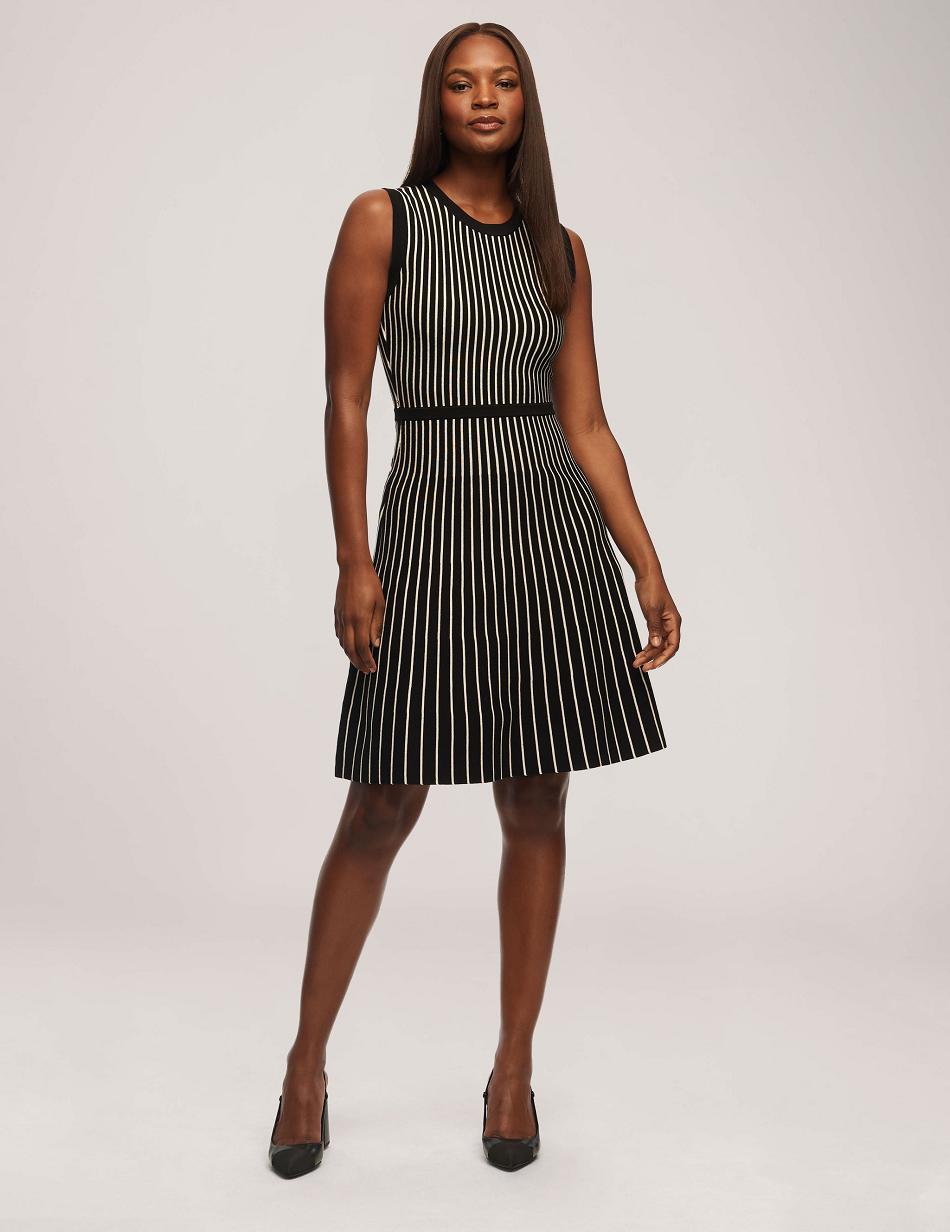 Anne Klein Vertical Stripe Fit And Flare Dresses Stripes / Black / White | SUSVO64270